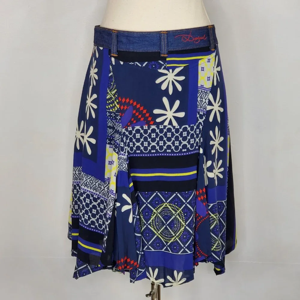 DESIGUAL Blue Patchwork Flare Skirt 40/6 EUC - Picture 3 of 9